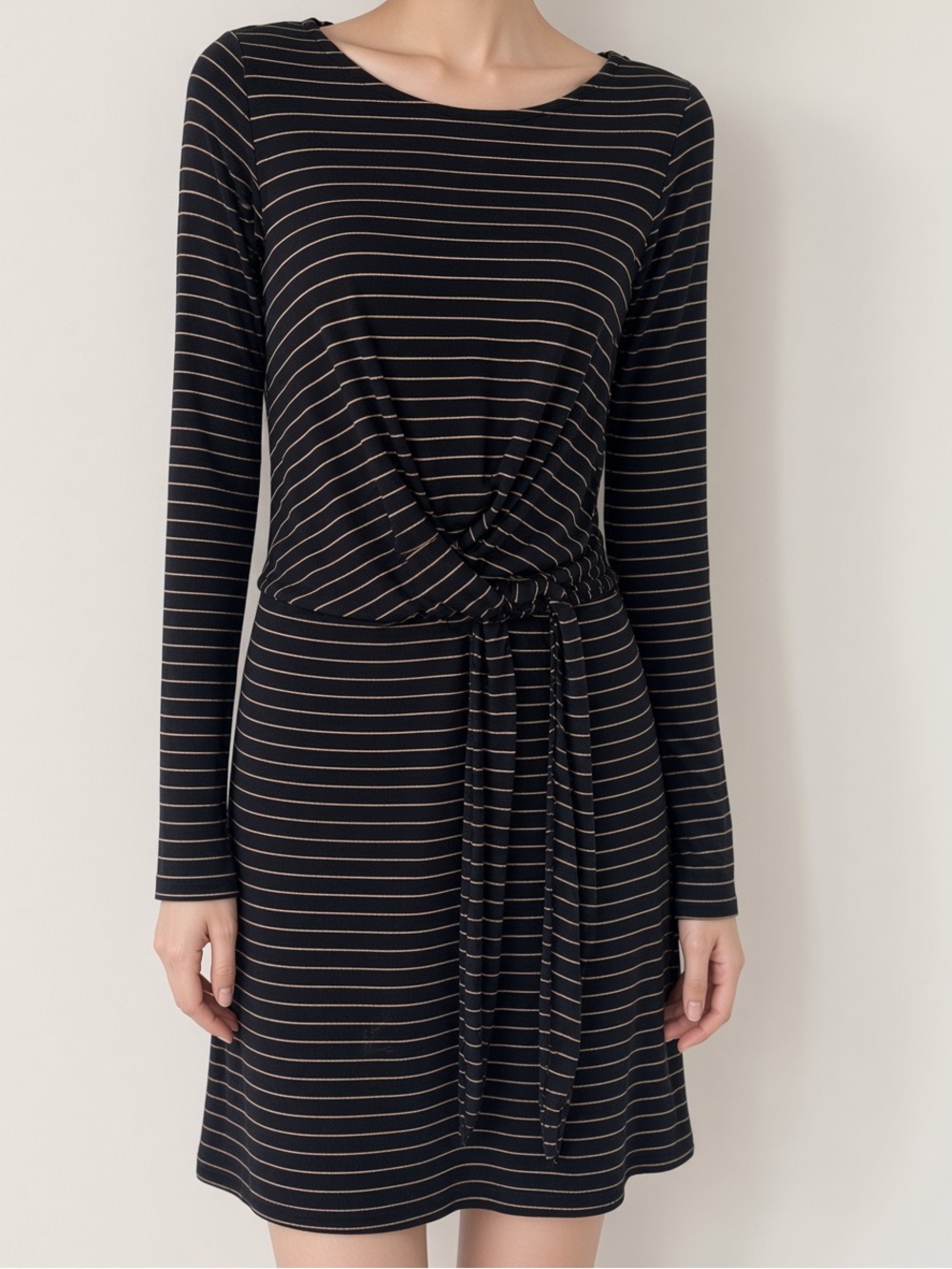 Ann Taylor Black and Gold Striped Tie-Waist Long Sleeve Dress